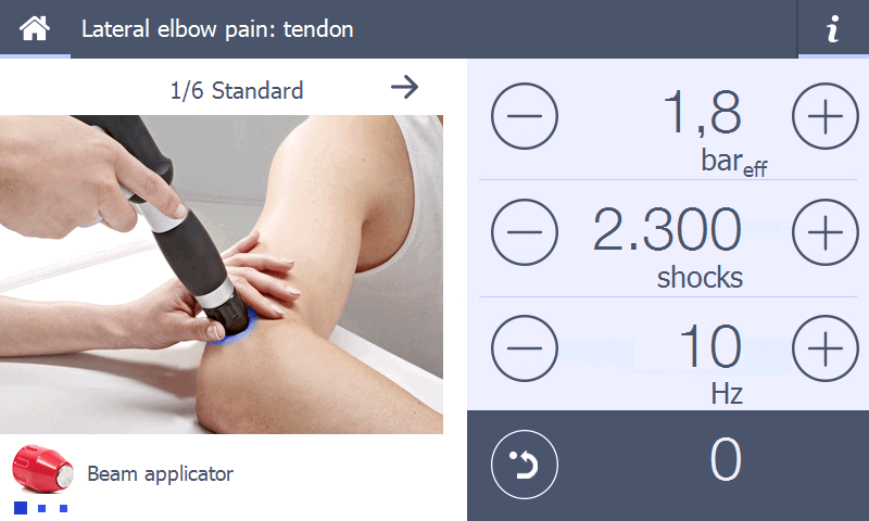 Exemple d'écran de traitement par thérapie par ondes de choc et ses paramètres respectifs du Gymna ShockMaster